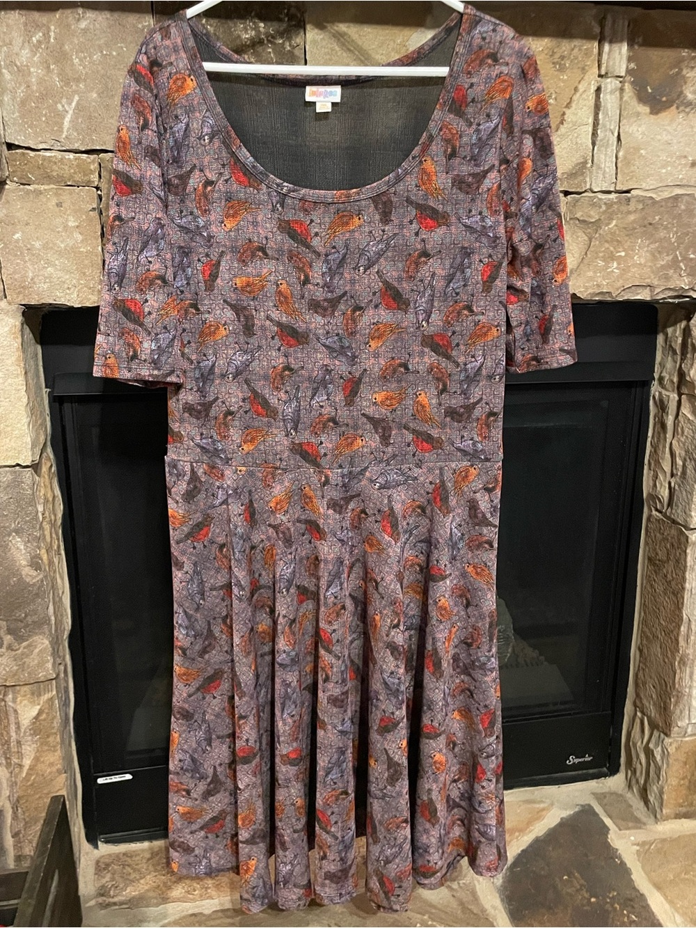 LuLaRoe Carly Swing Dress Plus Size 3XL Gray Bird Nature Print Short Sleeve - Picture 2 of 7